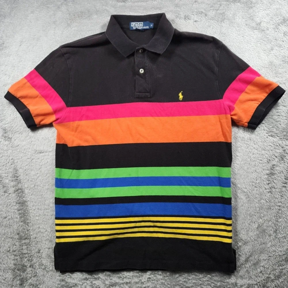 Polo Ralph Lauren Polo Shirt Mens Medium Black Rainbow Stripe Cotton Preppy